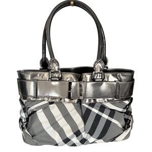 Burberry Beat Check Pewter Metallic Belt Tote Bag Silver HW Runway Statement